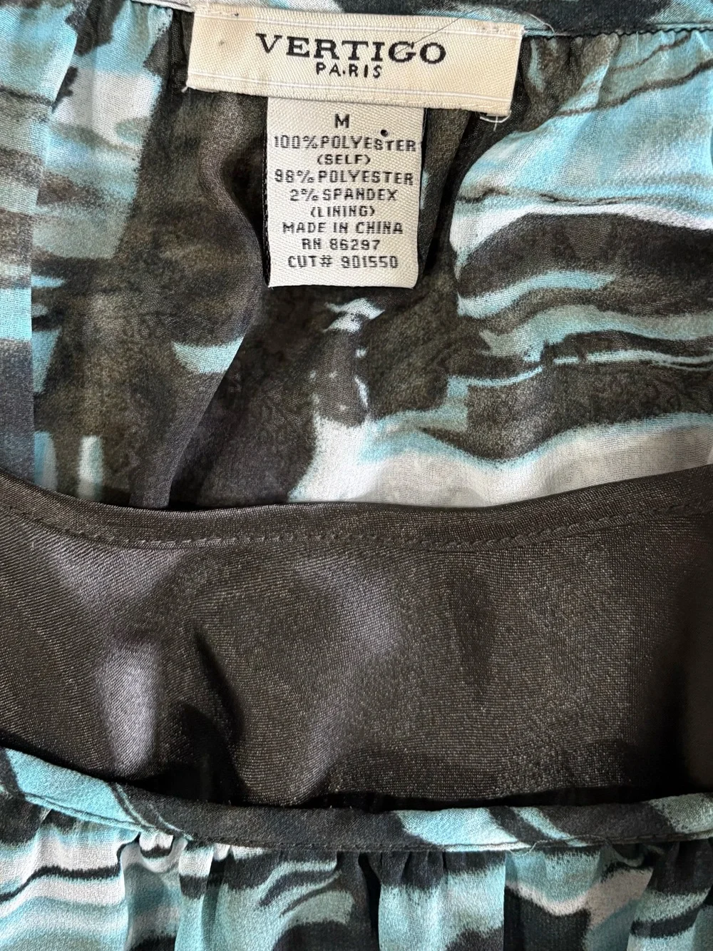 Vertigo Paris Sheer Tunic/Blouse Med. Teal/Black Abstract Flowy Top w/Camisole - Picture 7 of 7